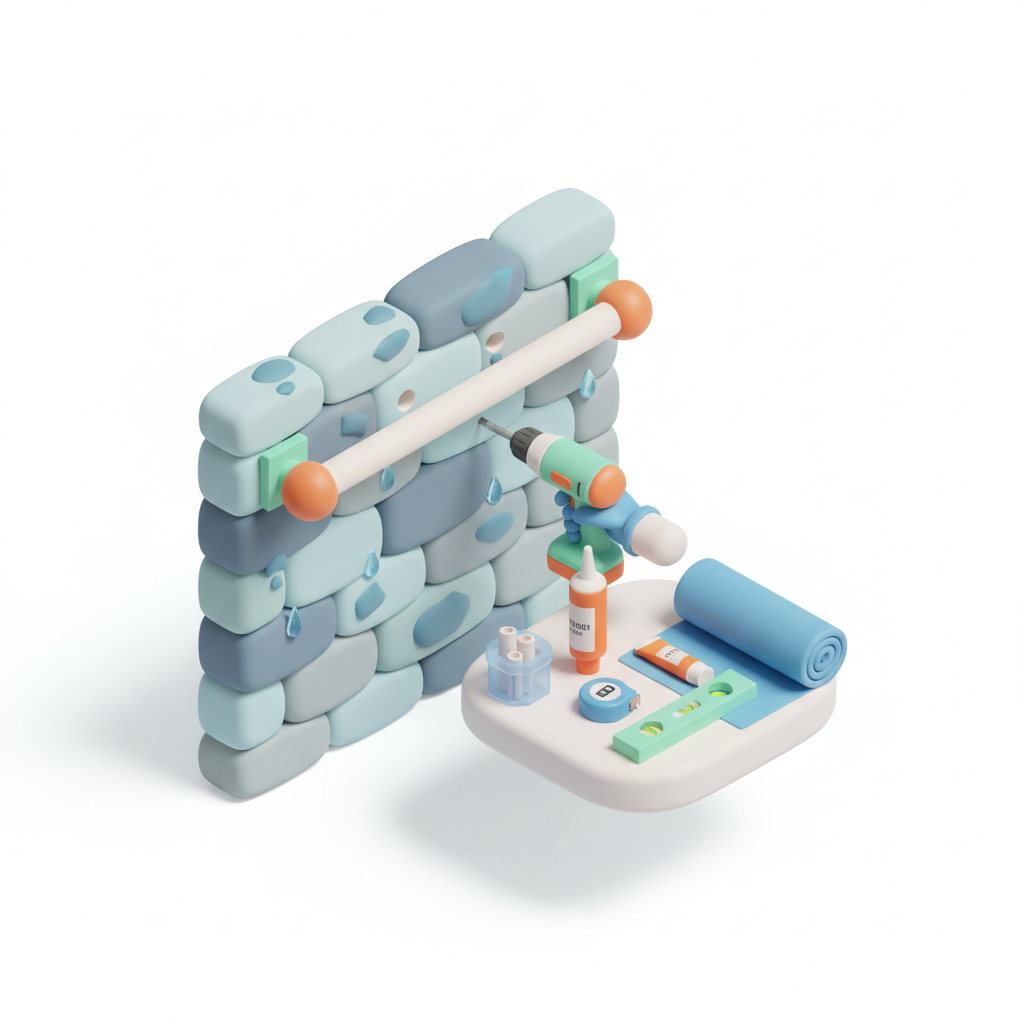 Illustration 3D : Comment poser une tringle à rideaux sur mur en pierre humide
