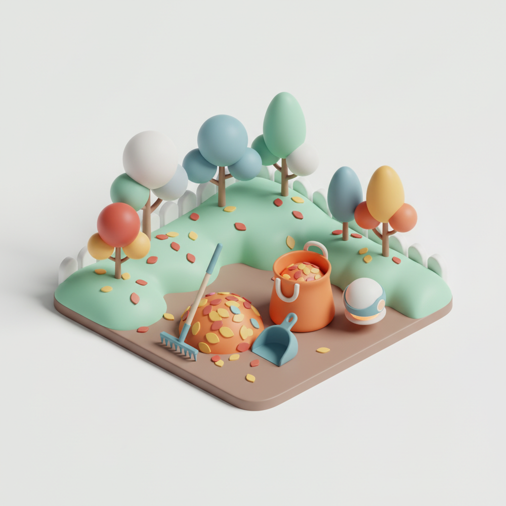 Illustration 3D : Comment ramasser les feuilles mortes en automne sur grand jardin à Beaumont