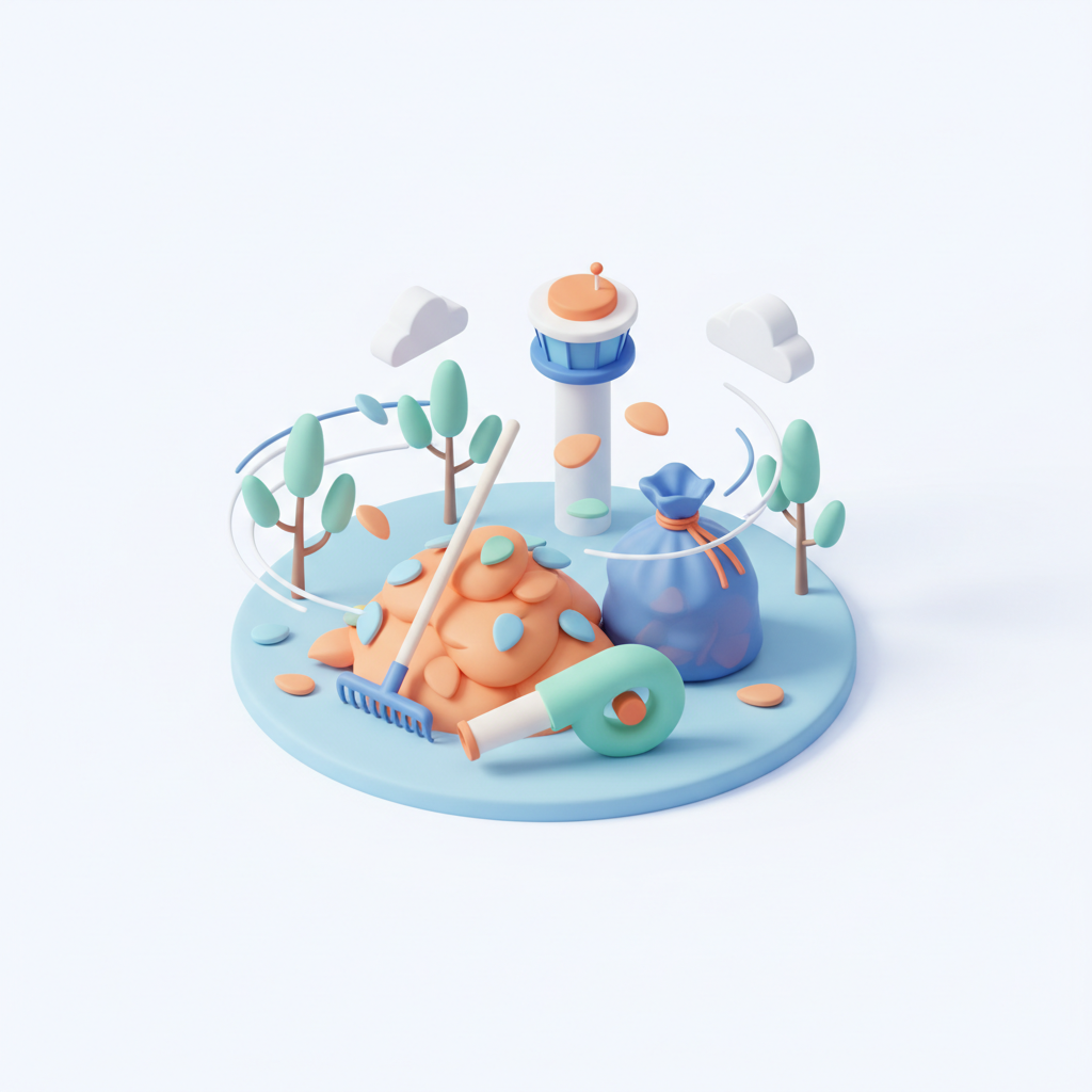 Illustration 3D : Ramasser les feuilles mortes en plaine venteuse à Aulnat