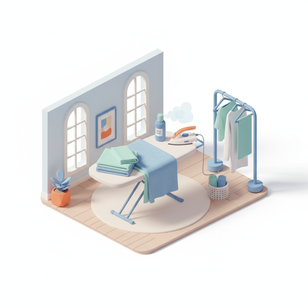 Illustration 3D : Repasser des draps en lin dans un appartement bourgeois à Chamalières