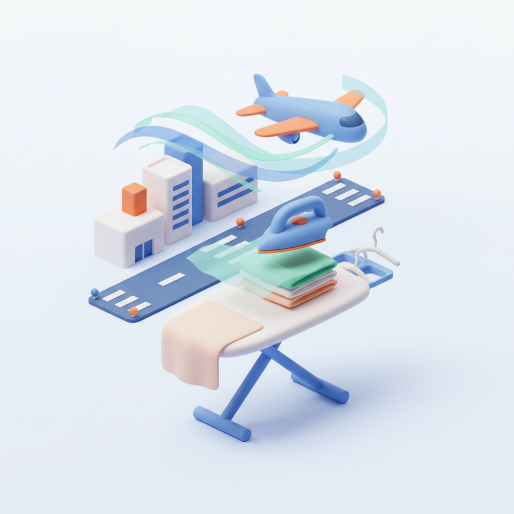 Illustration 3D : Repasser du linge délicat exposé au vent d'aéroport à Aulnat