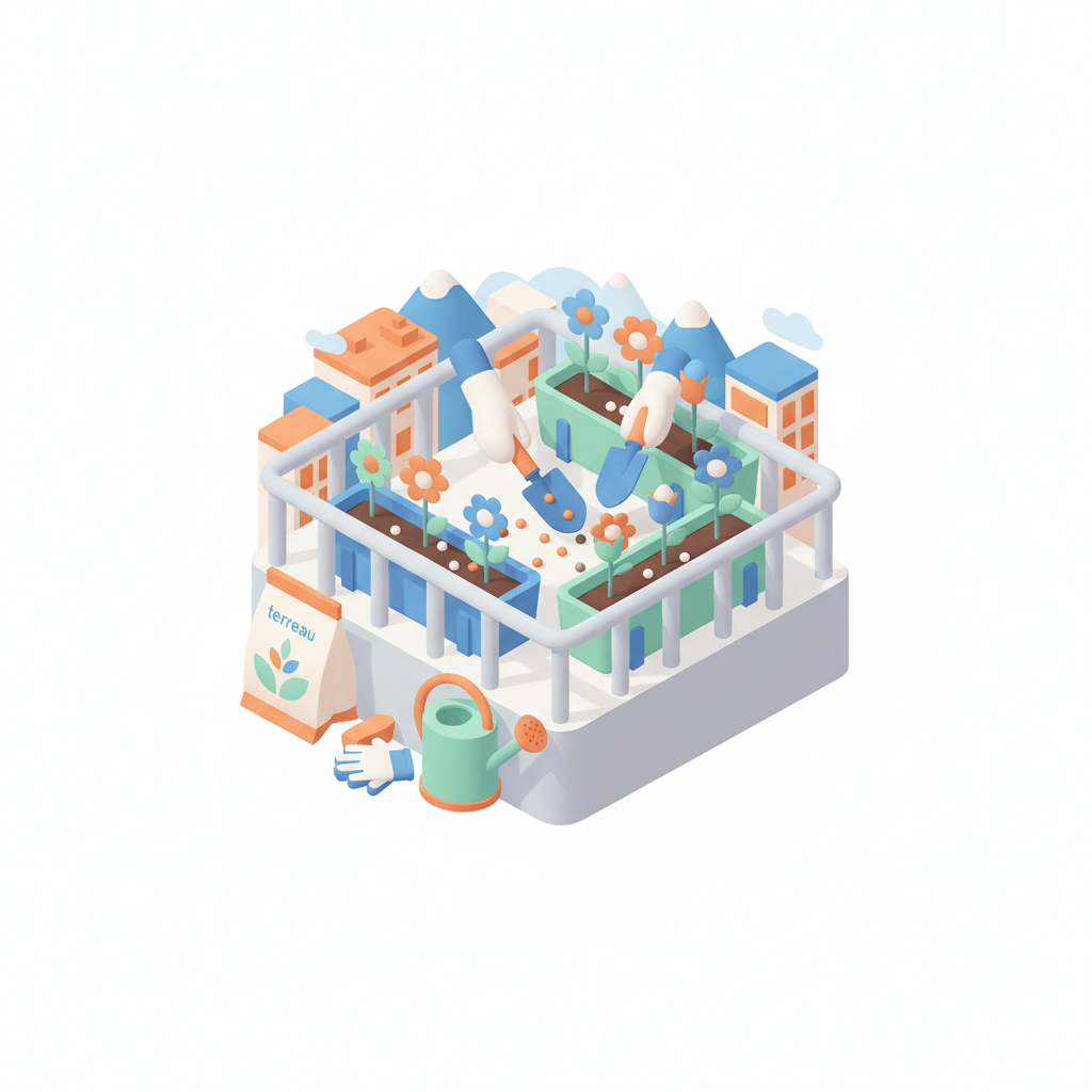 Illustration 3D : Semer des fleurs annuelles en balconnière à Chamalières