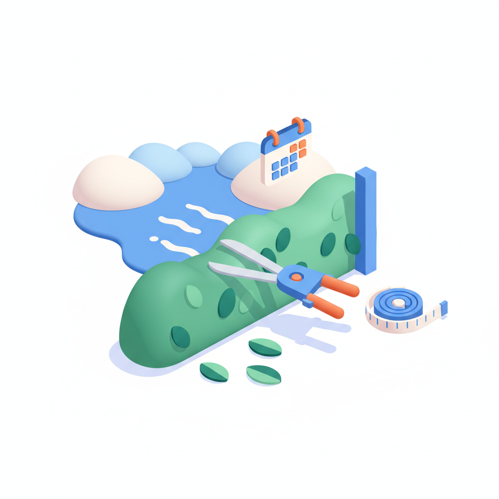 Illustration 3D : Tailler une haie de laurier près du lac de Cournon: période et hauteur